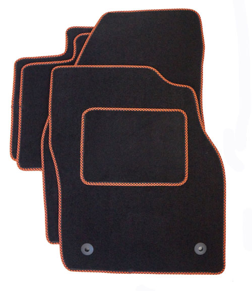 Black and Orange Checked Trim - Black Standard Car Mats with Carpet Heelpad