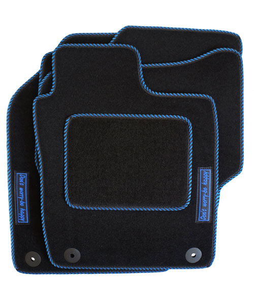 Don't Worry Be Happy Car Mats with Black and Blue Striped Trim